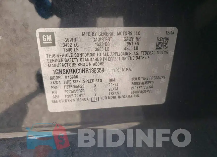 1GNSKHKC0HR185559 Photo# 13