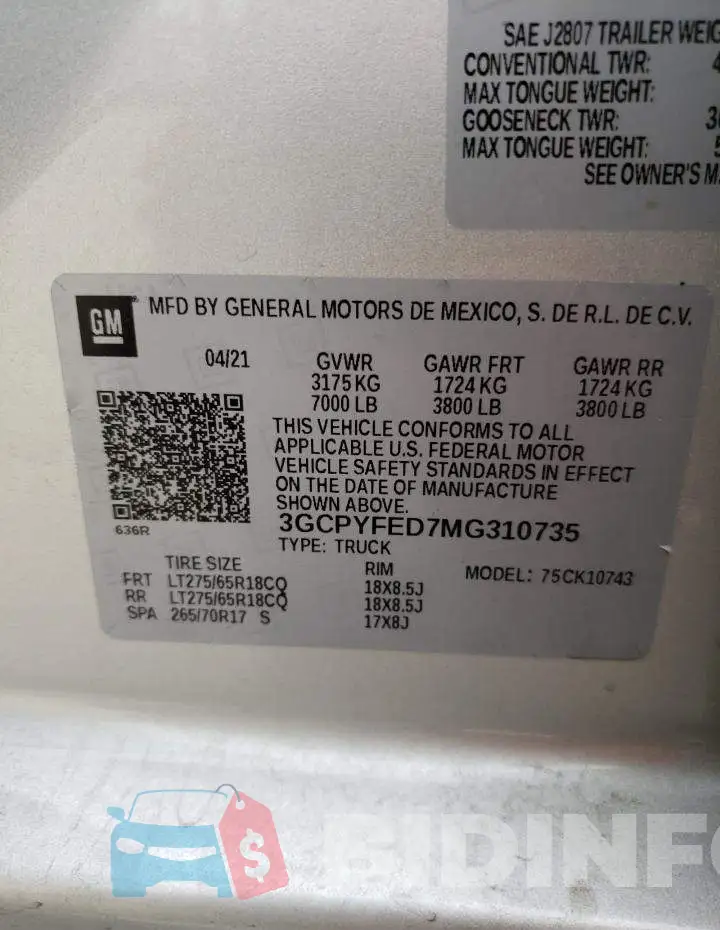 3GCPYFED7MG310735 Photo# 12
