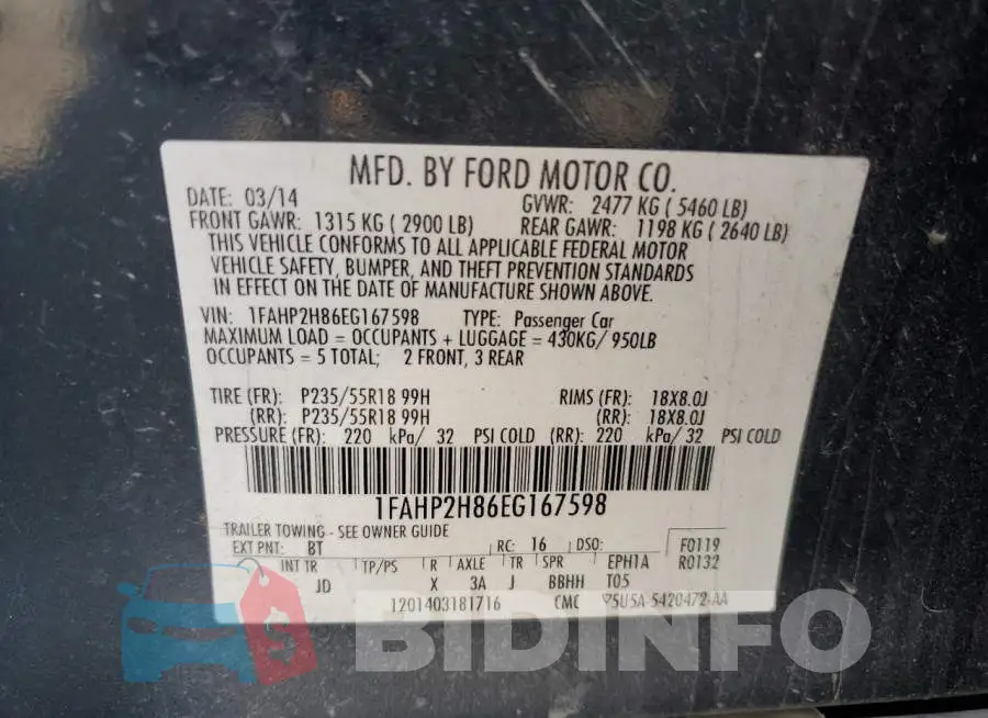 1FAHP2H86EG167598 Photo# 12