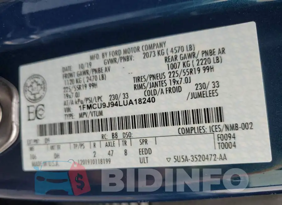1FMCU9J94LUA18240 Photo# 13