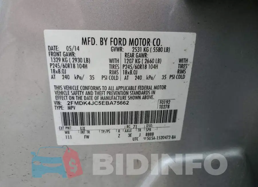 2FMDK4JC5EBA75662 Photo# 13