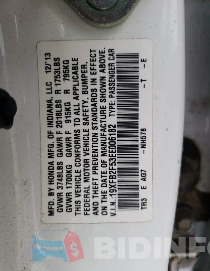 19XFB2F53EE006182 Photo# 13