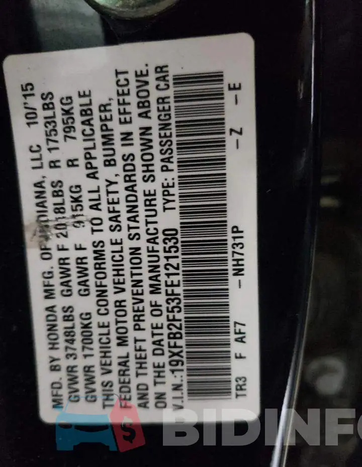 19XFB2F53FE121530 Photo# 13
