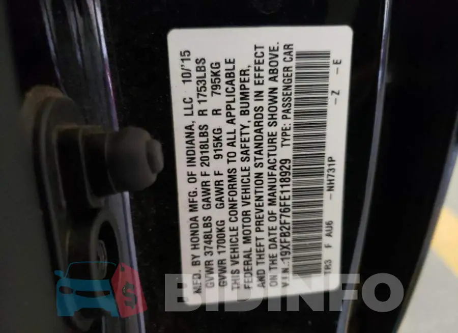 19XFB2F76FE118929 Photo# 13