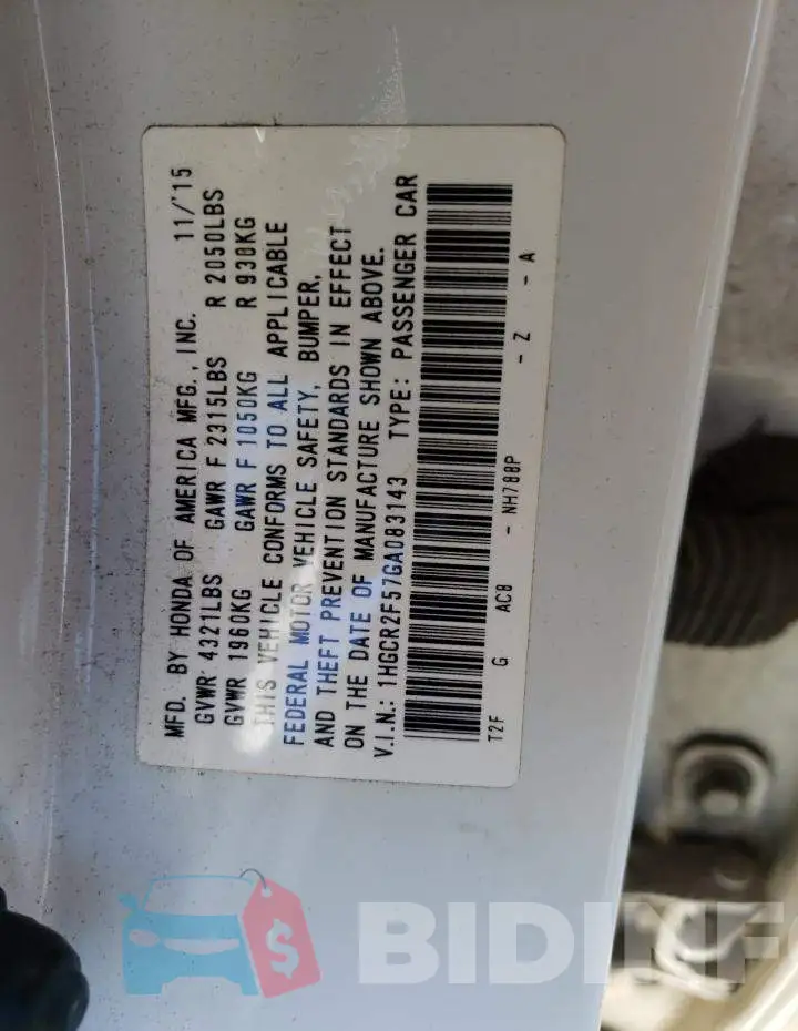 1HGCR2F57GA083143 Photo# 12