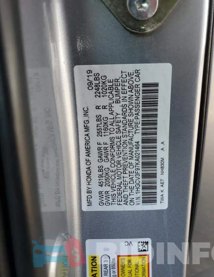 1HGCV3F97KA021464 Photo# 12