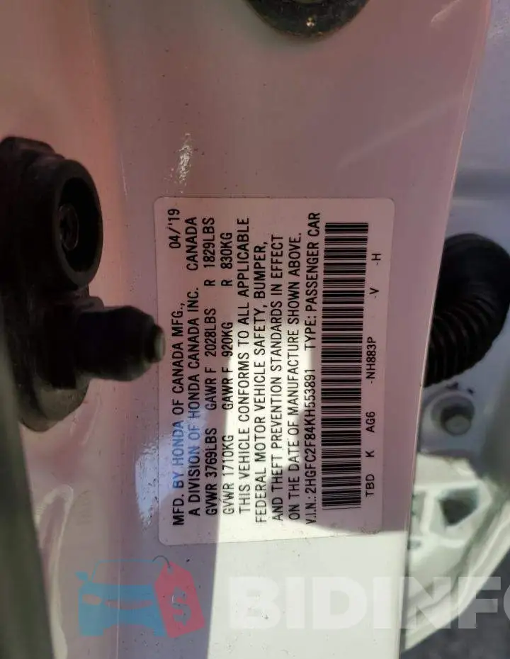 2HGFC2F84KH553891 Photo# 12