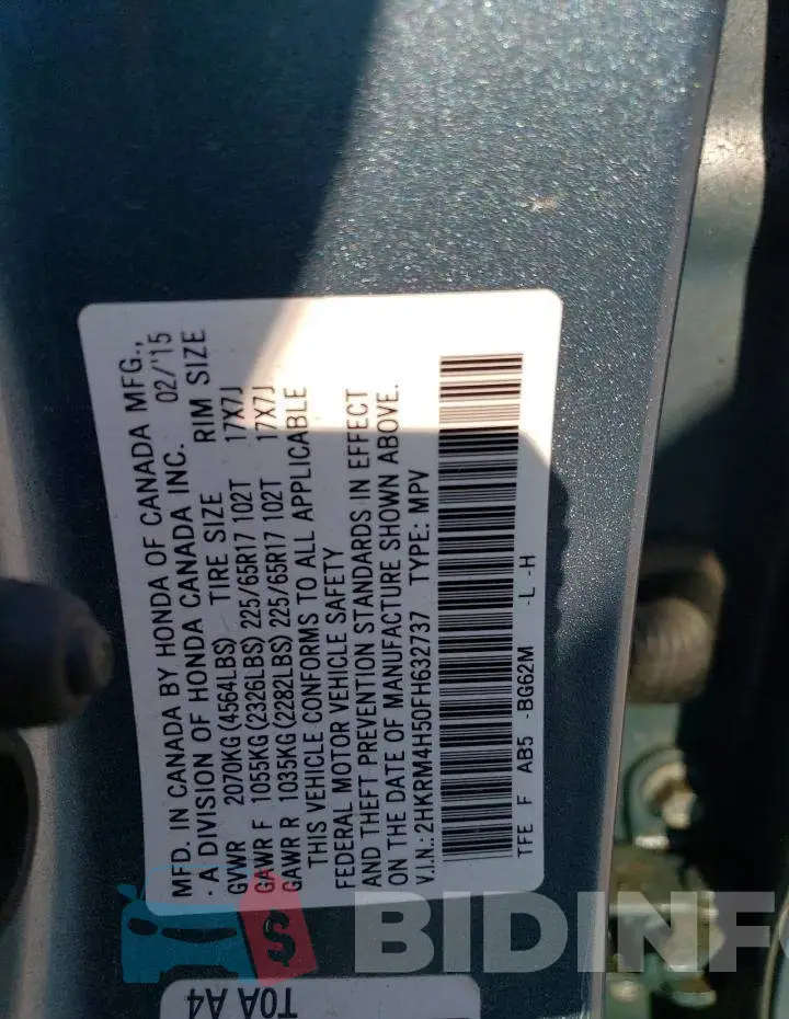 2HKRM4H50FH632737 Photo# 14