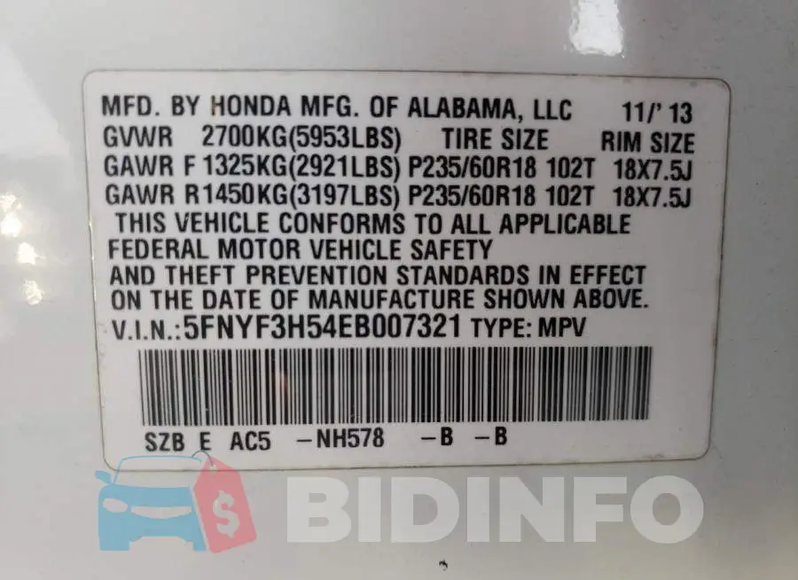 5FNYF3H54EB007321 Photo# 13