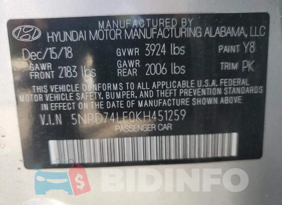 5NPD74LF0KH451259 Photo# 12