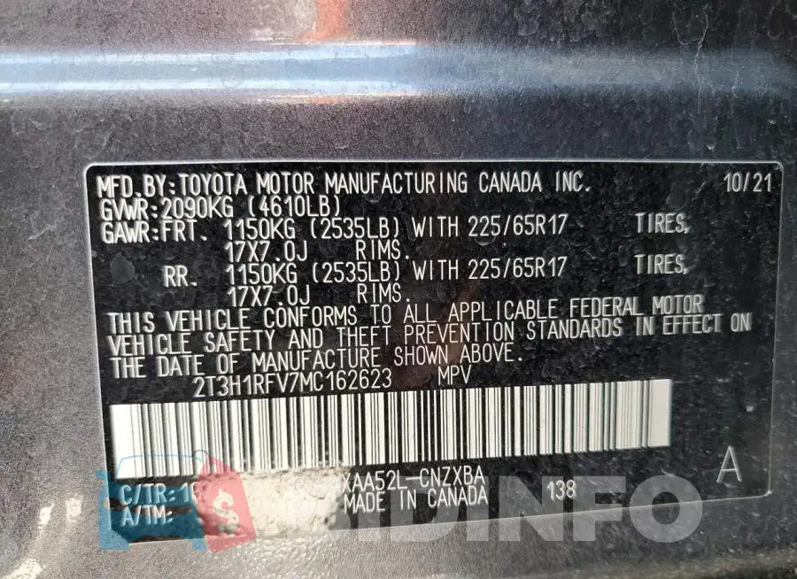 2T3H1RFV7MC162623 Photo# 13