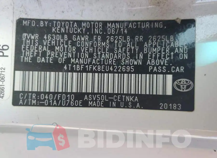 4T1BF1FK8EU422695 Photo# 12