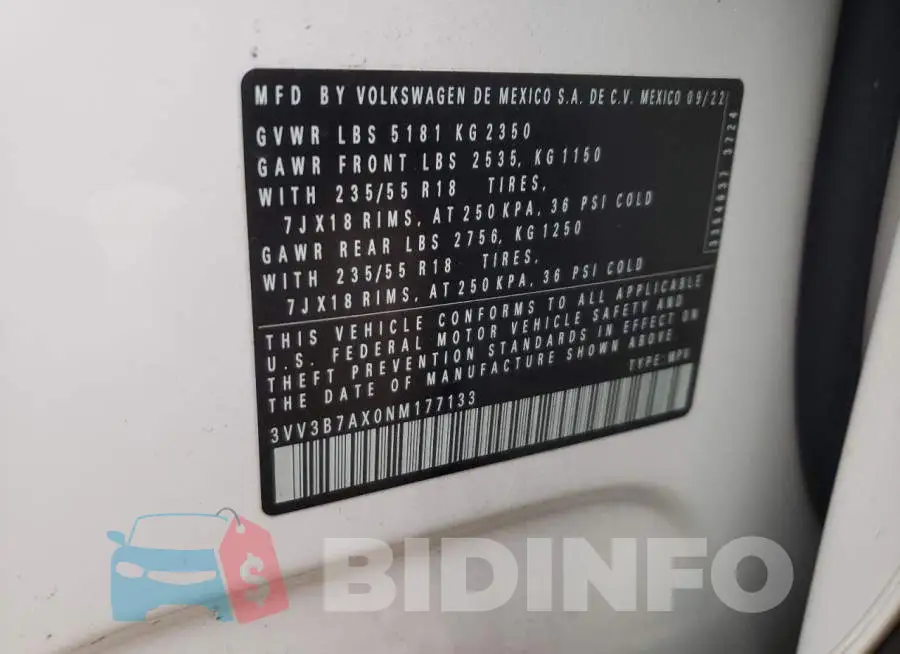 3VV3B7AX0NM177133 Photo# 13