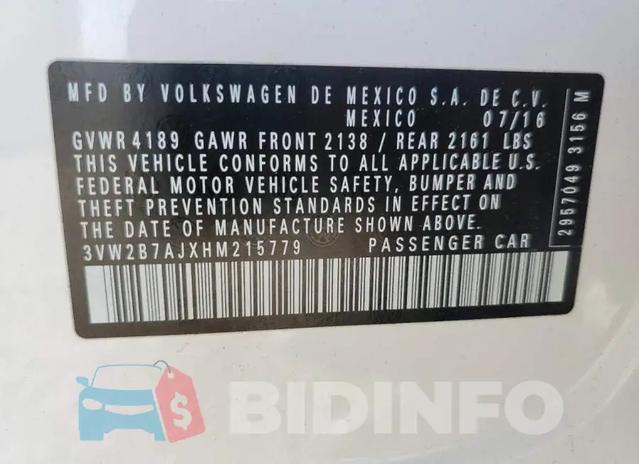 3VW2B7AJXHM215779 Photo# 12