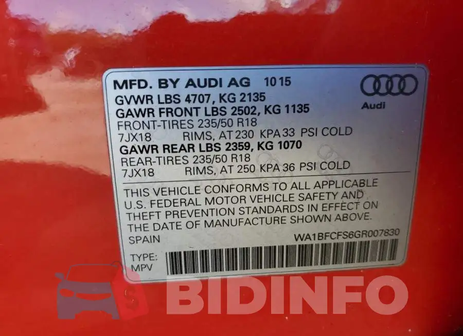 WA1BFCFS6GR007830 Photo# 14