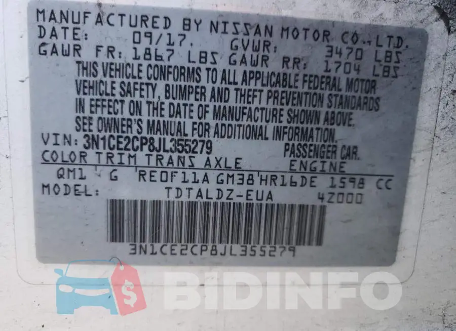3N1CE2CP8JL355279 Photo# 13