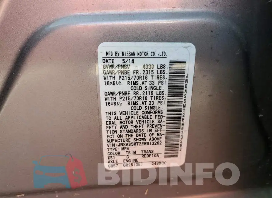 JN8AS5MT2EW613262 Photo# 12