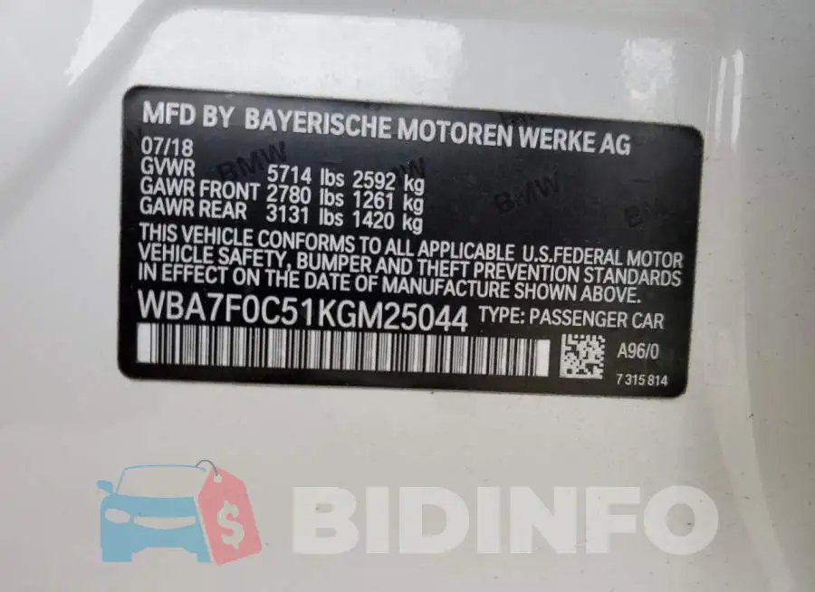 WBA7F0C51KGM25044 Photo# 12