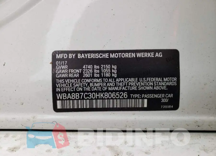 WBA8B7C30HK806526 Photo# 12