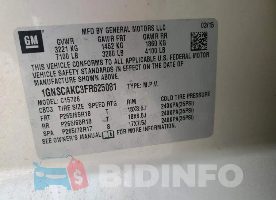 1GNSCAKC3FR625081 Photo# 13