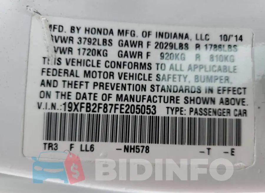19XFB2F87FE205053 Photo# 13