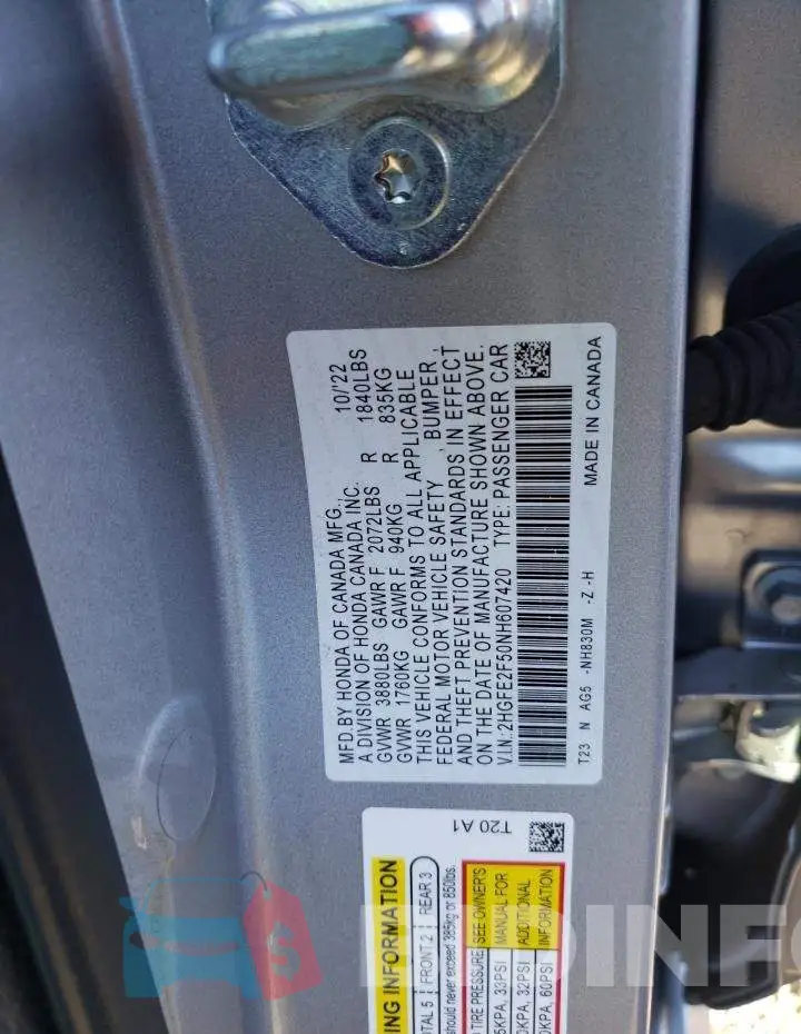 2HGFE2F50NH607420 Photo# 12
