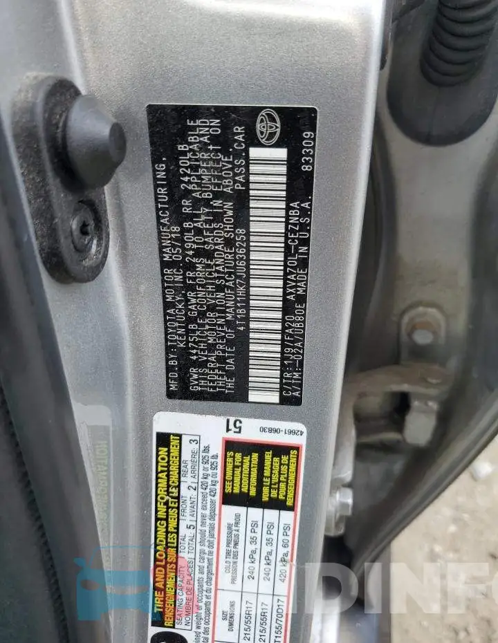4T1B11HK7JU636258 Photo# 12