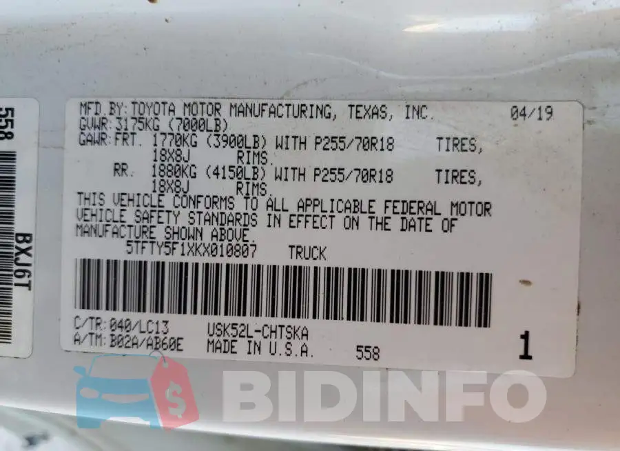 5TFTY5F1XKX010807 Photo# 12