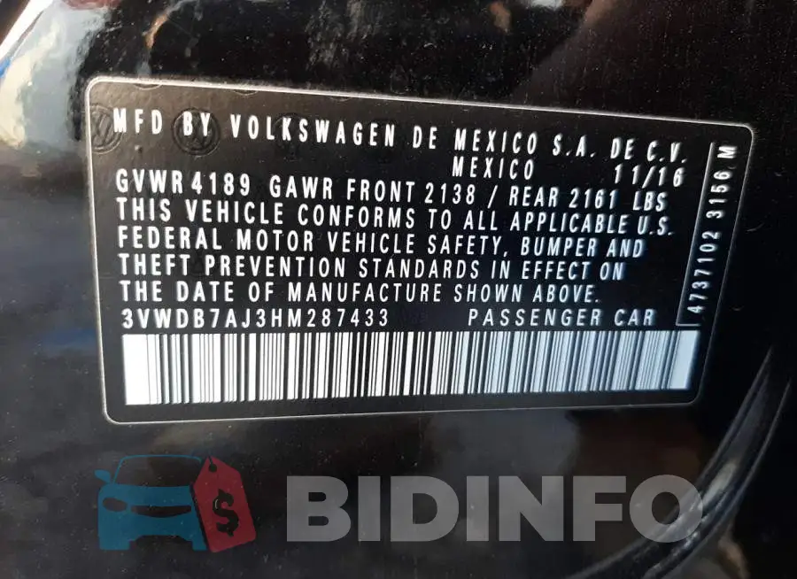 3VWDB7AJ3HM287433 Photo# 13