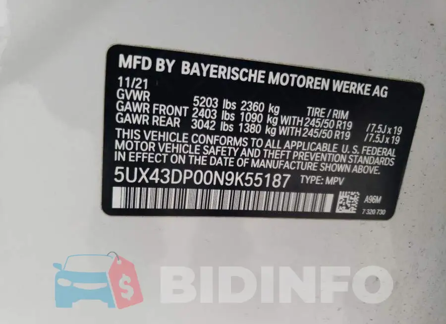 5UX43DP00N9K55187 Photo# 14