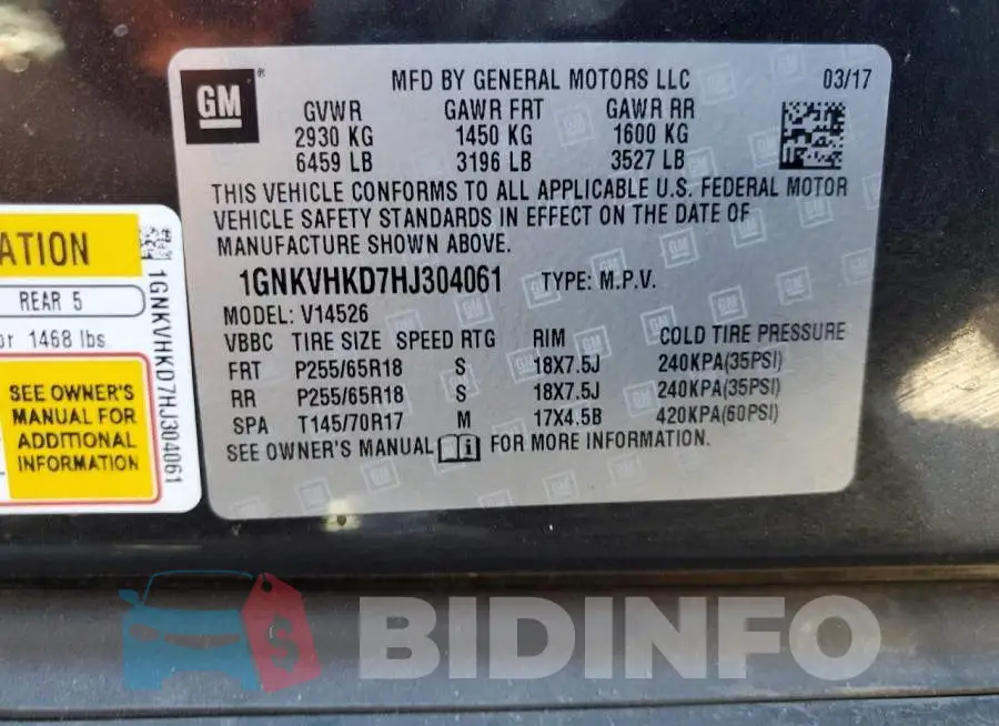 1GNKVHKD7HJ304061 Photo# 12