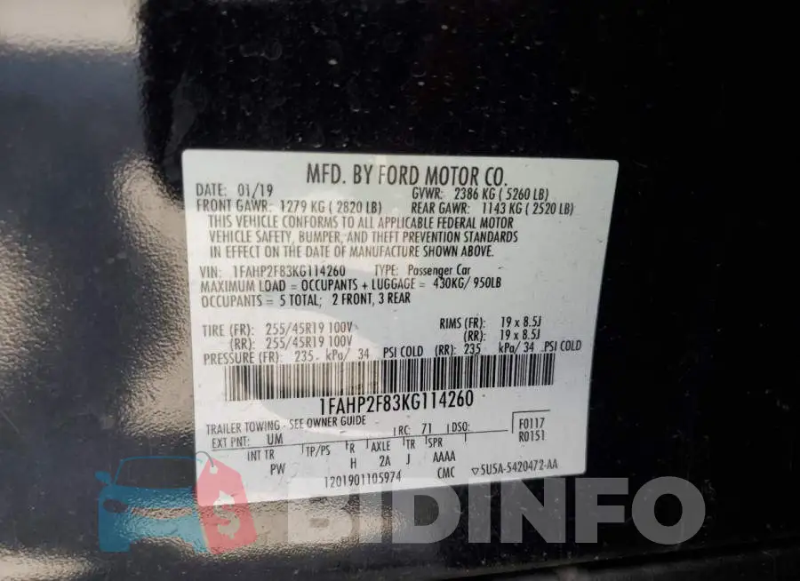 1FAHP2F83KG114260 Photo# 13