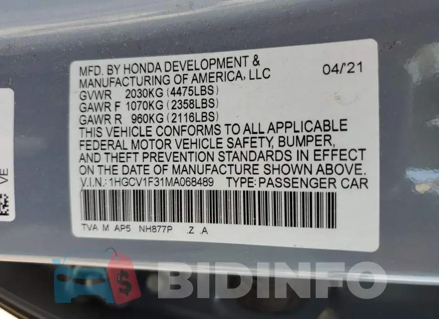1HGCV1F31MA068489 Photo# 12