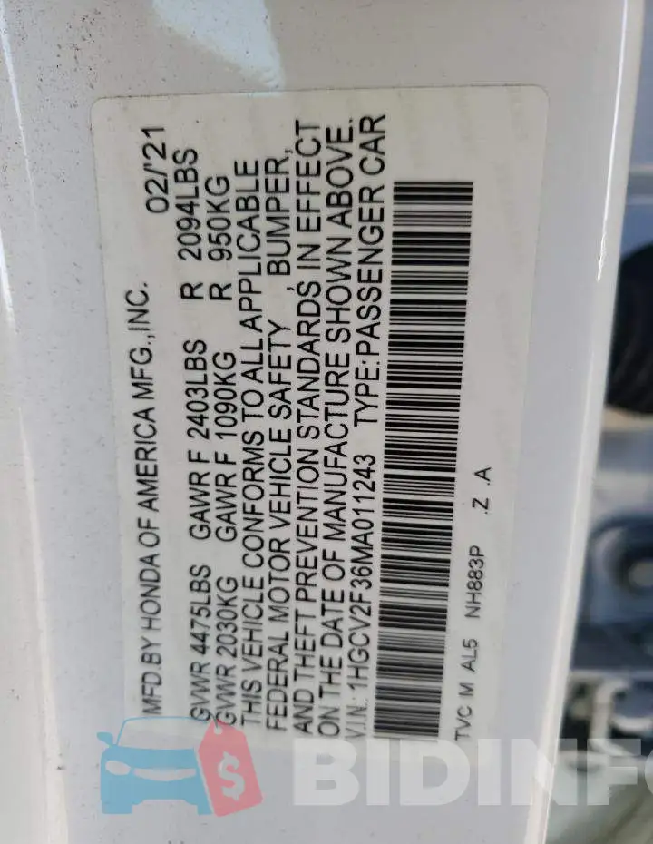 1HGCV2F36MA011243 Photo# 12