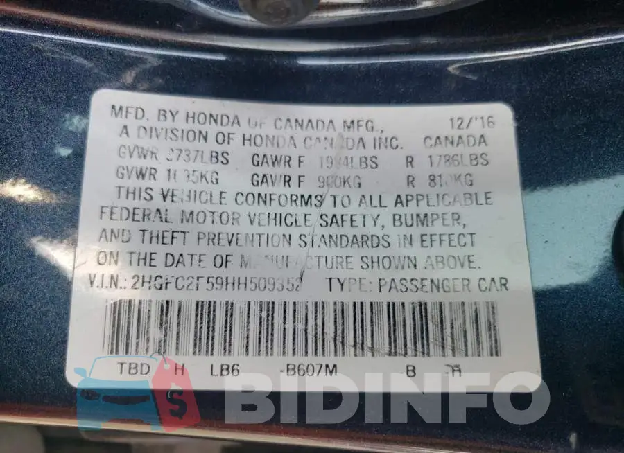 2HGFC2F59HH509352 Photo# 13
