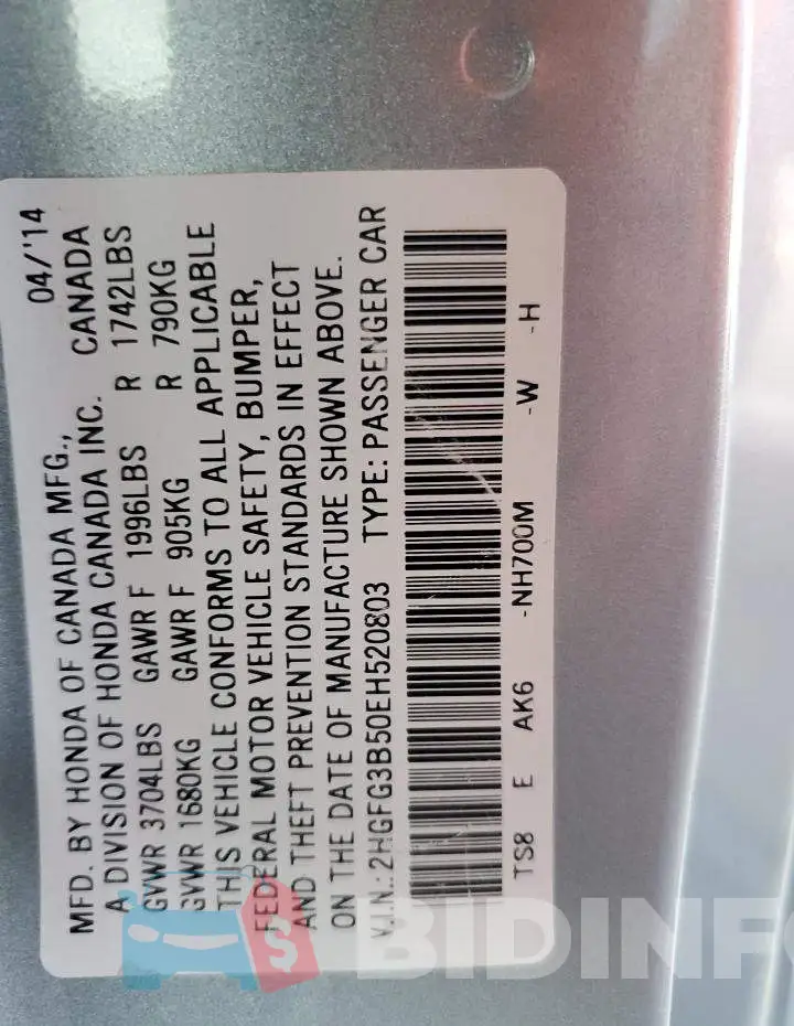 2HGFG3B50EH520803 Photo# 12