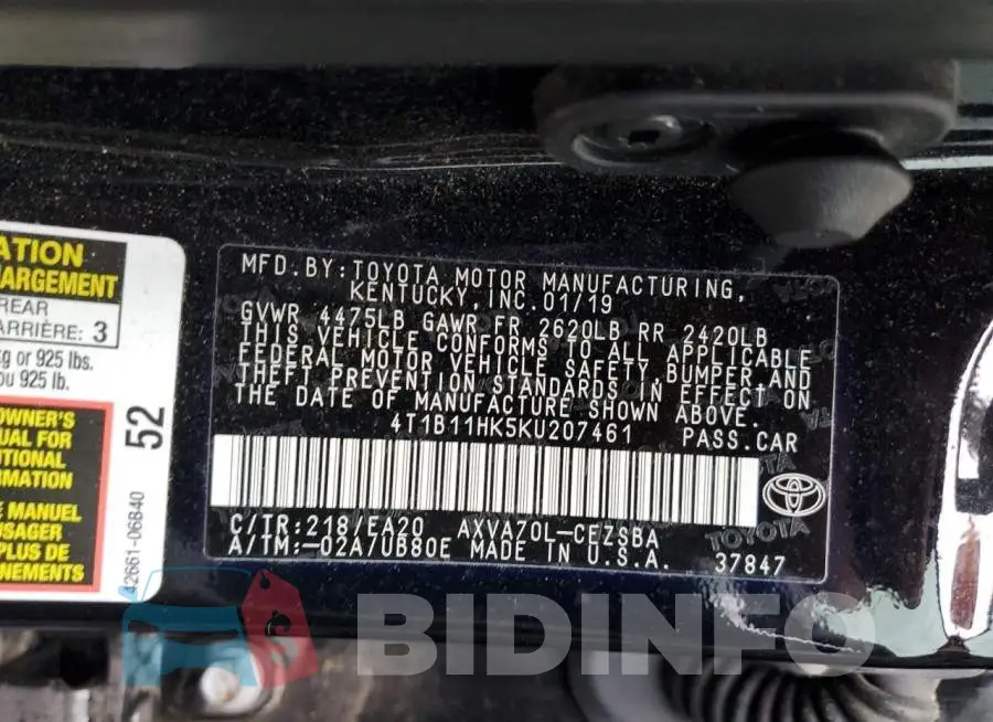 4T1B11HK5KU207461 Photo# 12