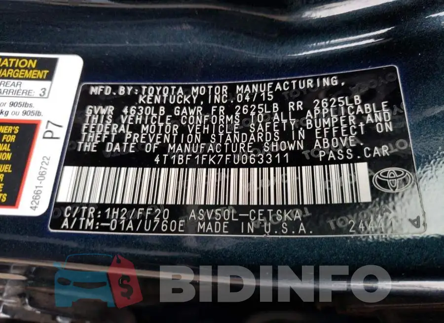4T1BF1FK7FU063311 Photo# 12