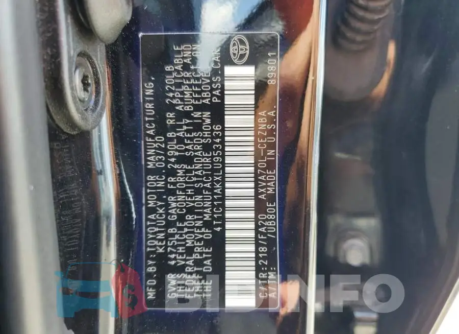 4T1C11AKXLU953436 Photo# 12
