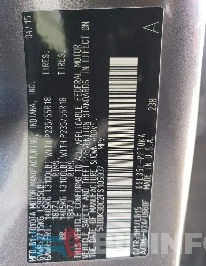 5TDDK3DC2FS105937 Photo# 14
