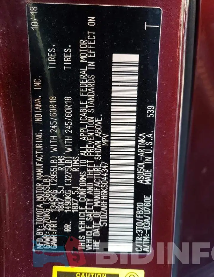 5TDZARFH6KS044347 Photo# 13