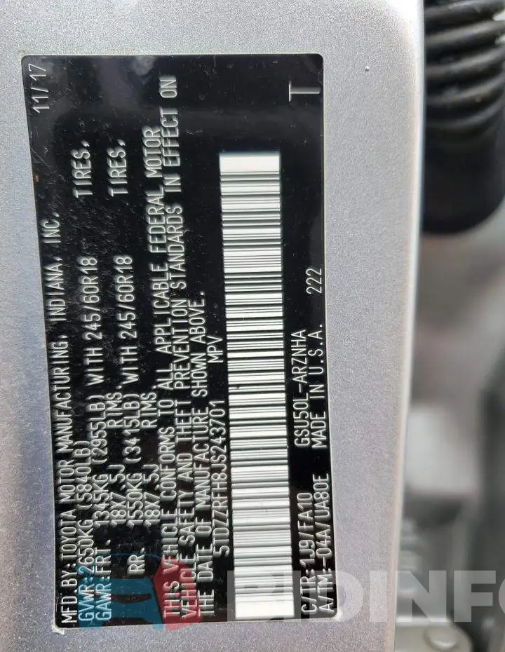5TDZZRFH8JS243701 Photo# 13