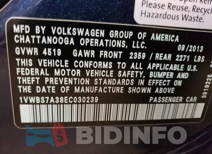 1VWBS7A38EC030239 Photo# 12