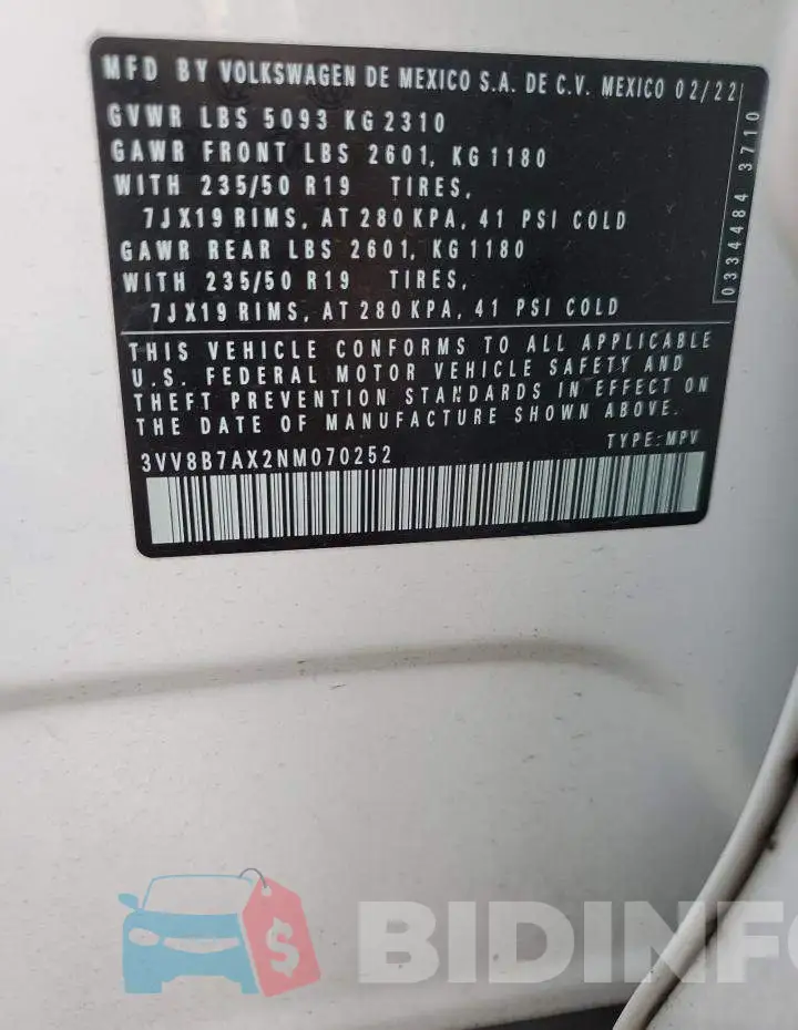 3VV8B7AX2NM070252 Photo# 13