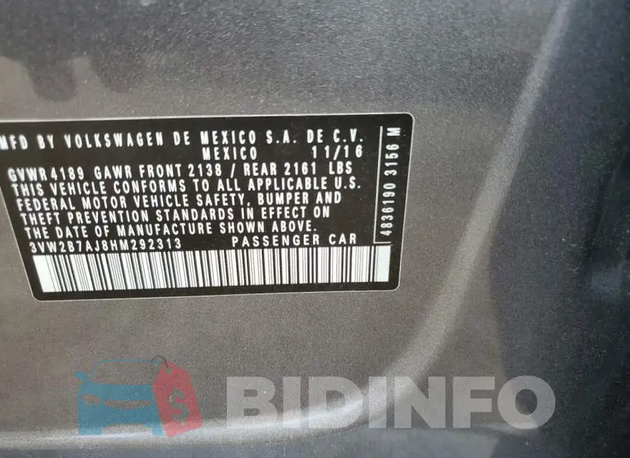 3VW2B7AJ8HM292313 Photo# 12