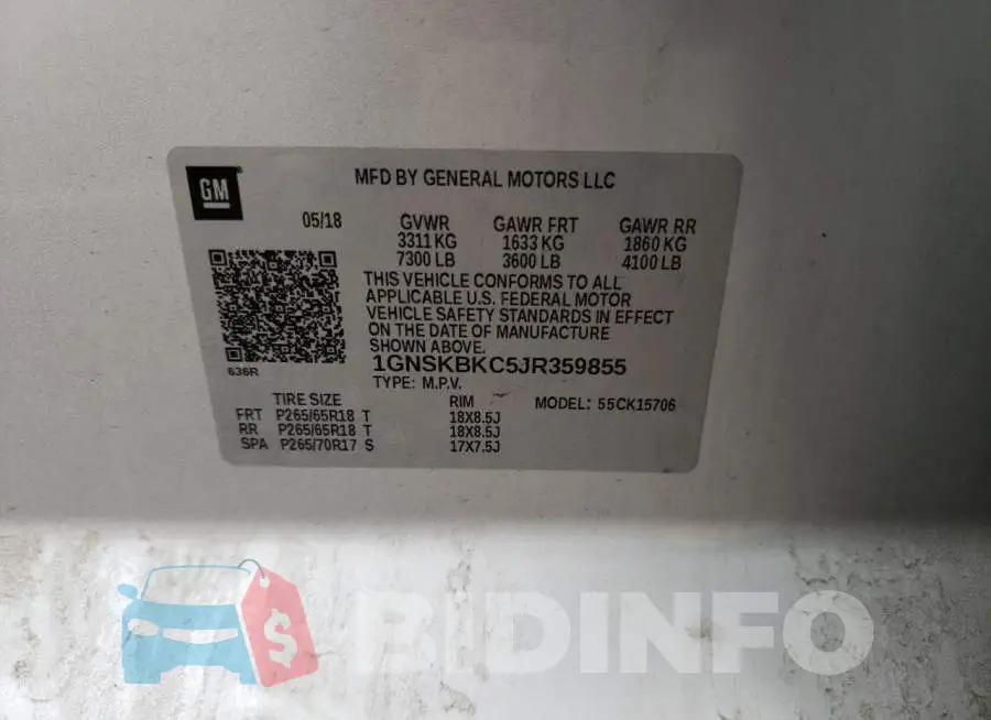 1GNSKBKC5JR359855 Photo# 13