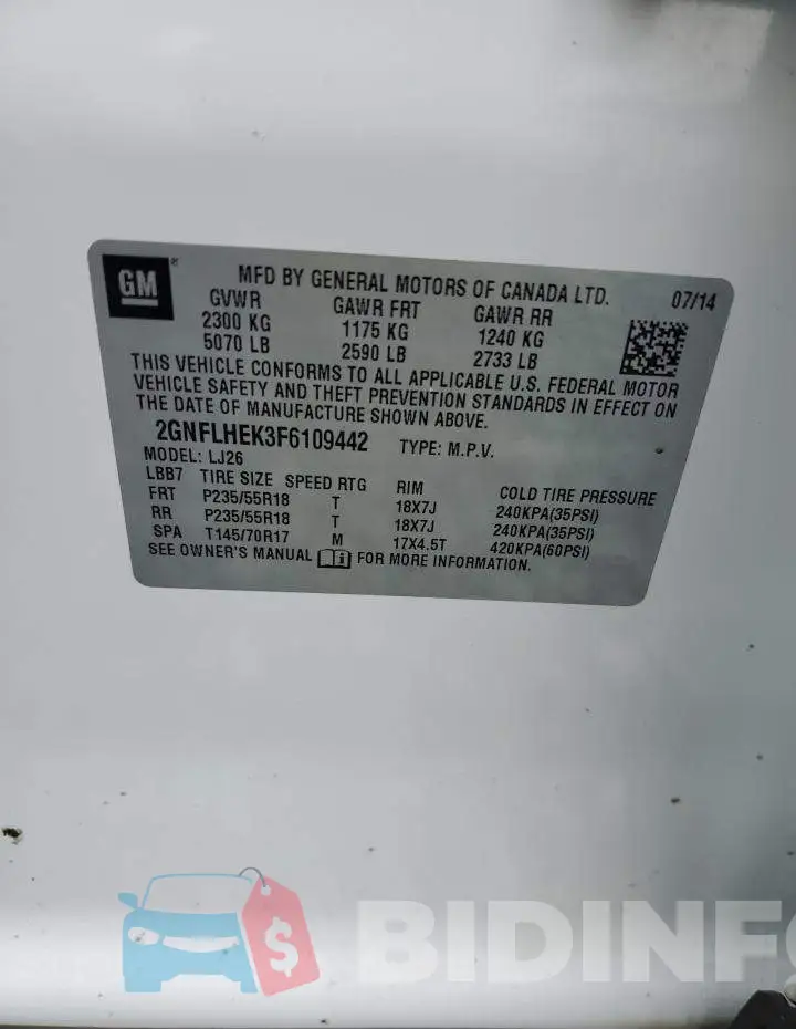 2GNFLHEK3F6109442 Photo# 13