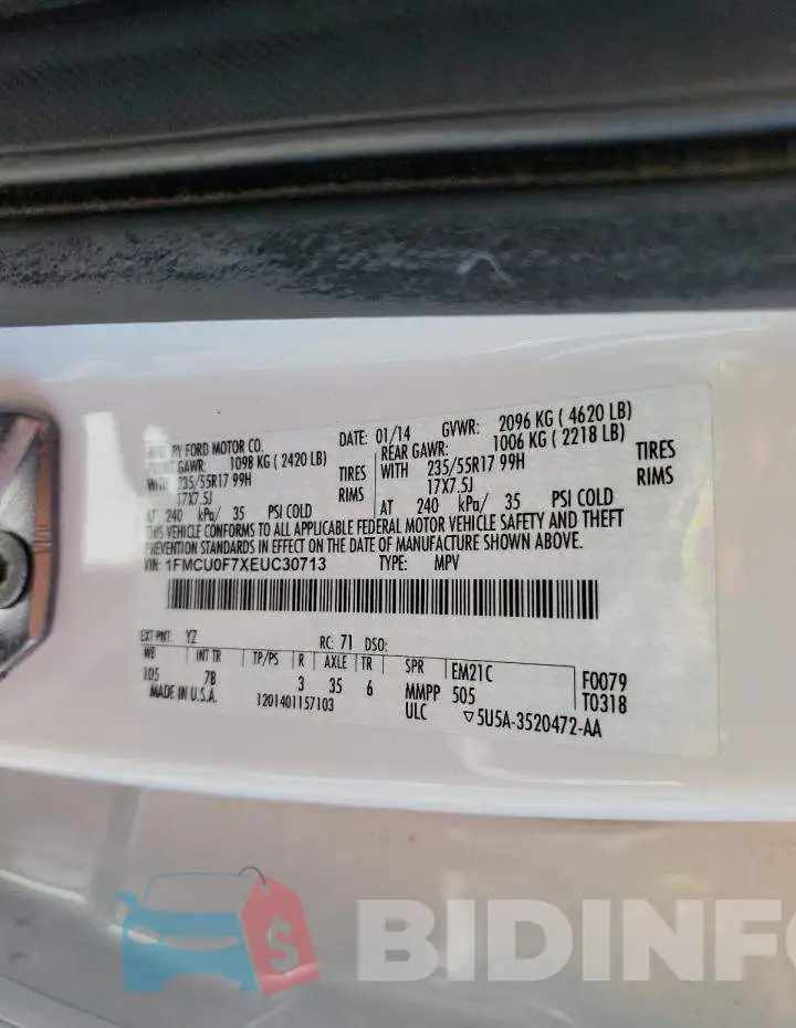 1FMCU0F7XEUC30713 Photo# 12