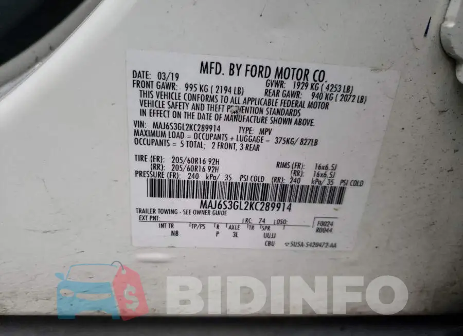 MAJ6S3GL2KC289914 Photo# 14