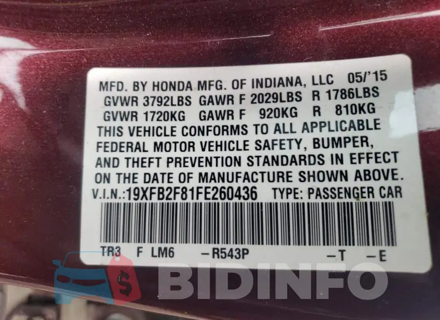 19XFB2F81FE260436 Photo# 13